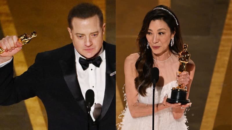 Brendan Fraser et Michelle Yeoh recevant leur Oscar le 13 mars 2023
