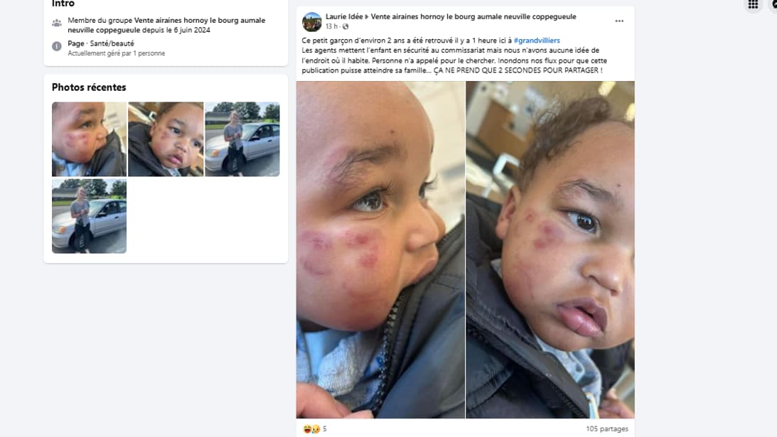 Une autre fausse publication publiée par la même "Laurie Idée", sur Facebook. Cette fois, c'est un petit garçon qui aurait été retrouvé et dont on chercherait les parents.