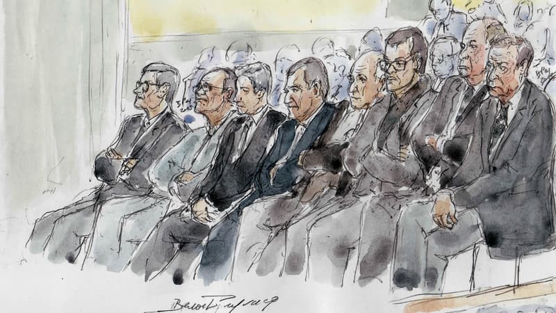 Un croquis montrant les prévenus au procès de l'affaire Bettencourt (de gauche à droite): Patrice Bonduelle, Eric Woerth, Stéphane Courbit, Pascal Wilhelm, Jean-Michel Normand, Martin d'Orgeval, Patrice de Maistre, François-Marie Banier.