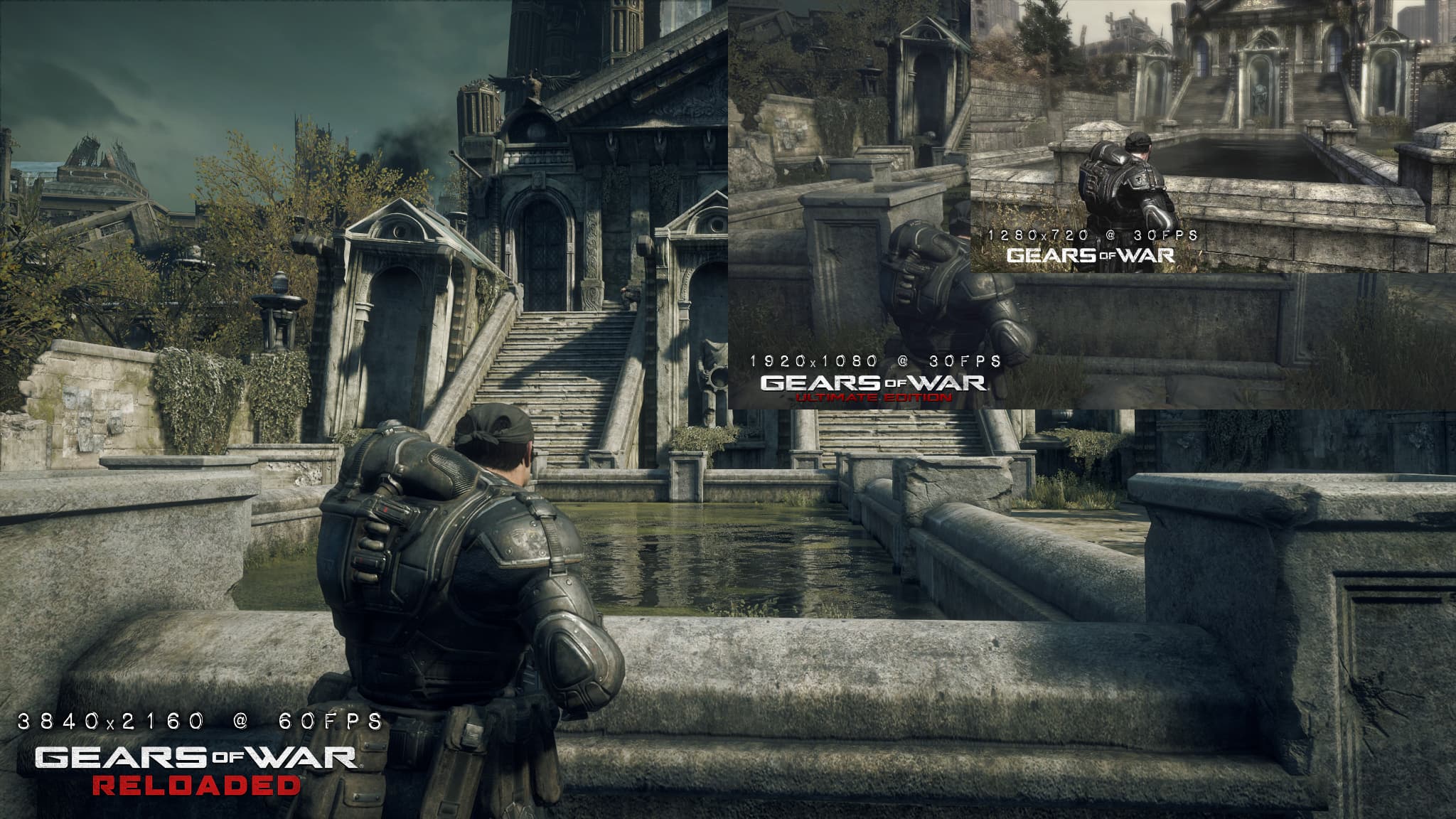 L'évolution du jeu Gears of War entre 2006 (en haut à droite) et la version 4K du remaster en 2025 (grand format)