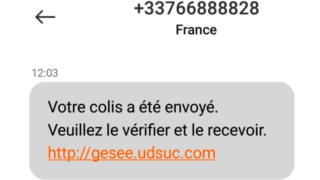 Le SMS d'hameçonnage reçu par les personnes ciblées. Le SMS d'hameçonnage reçu par les personnes ciblées.