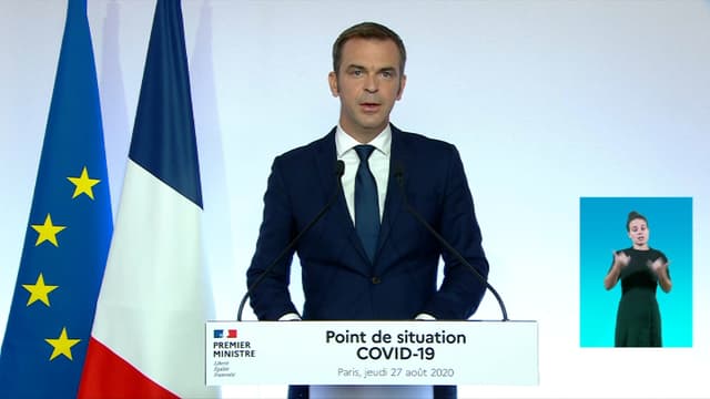 Le ministre de la Santé, Olivier Véran, lors d'une conférence de presse consacrée au Covid-19, le 27 août 2020.