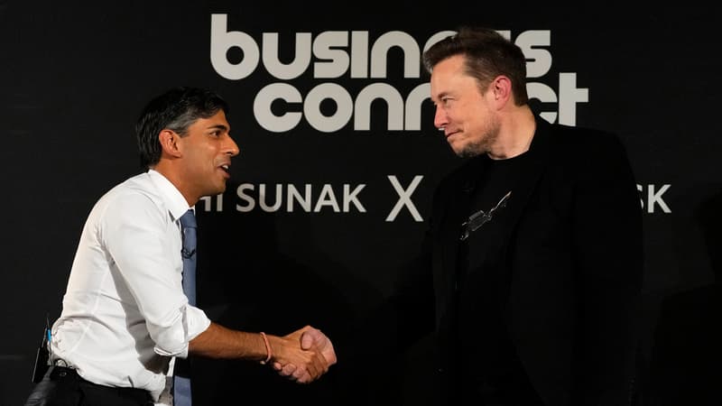 Rishi Sunak et Elon Musk, à Londres, le 2 novembre 2023