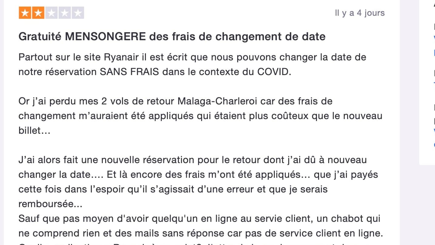 Exemple de critique exprimée sur TrustPilot