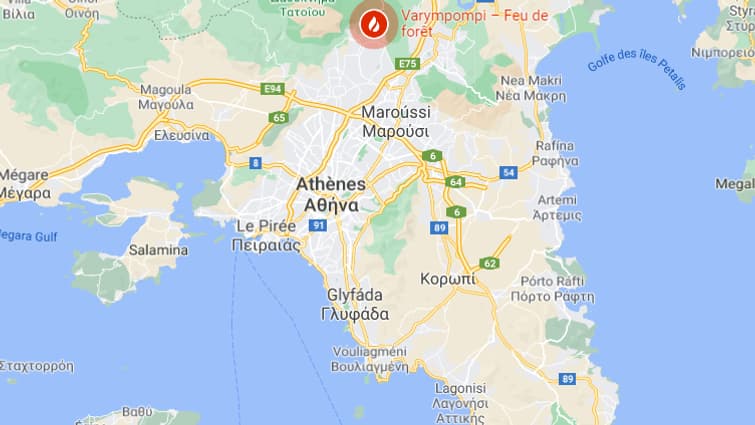 Carte de l'incendie en cours au nord d'Athènes, en Grèce, le 4 août 2021 Carte de l'incendie en cours au nord d'Athènes, en Grèce, le 4 août 2021