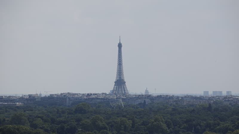 Une photo prise à Paris le 26 juin 2024 montre la tour Eiffel au milieu du smog.