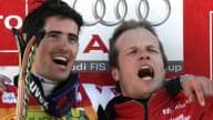 Jean-Baptiste Grange célèbre sa victoire avec son ami Lizeroux, 9e à Alta Badia