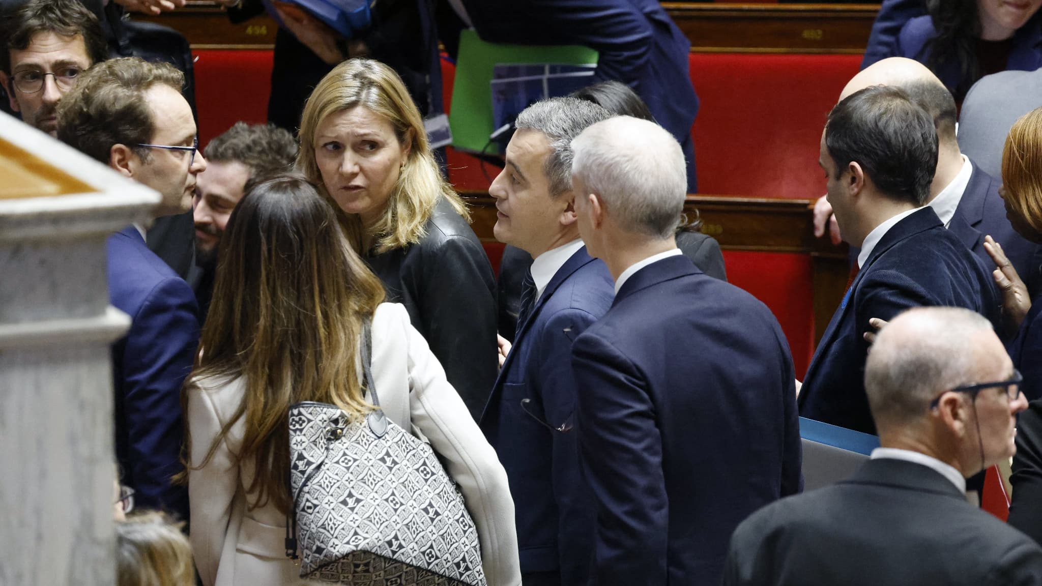 Yaël Braun-Pivet, Gérald Darmanin et Franck Riester, à l'Assemblée nationale le 11 décembre 2023 Yaël Braun-Pivet, Gérald Darmanin et Franck Riester, à l'Assemblée nationale le 11 décembre 2023