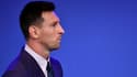 L'Argentin Lionel Messi lors d'une conférence de presse au stade du Camp Nou de Barcelone le 8 août 2021 en Espagne. 