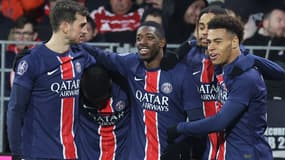 La joie de Ruiz, Dembélé, Barcola et Doué lors du match PSG-Brest le 1er février 2025