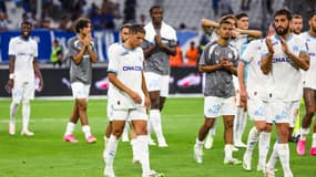 La déception des Marseillais après leur élimination au 3e tour de qualification retour de la Ligue des champions entre l'OM et le Panathinaïkos (2-1, 3 t.a.b. 5), le 15 août 2023