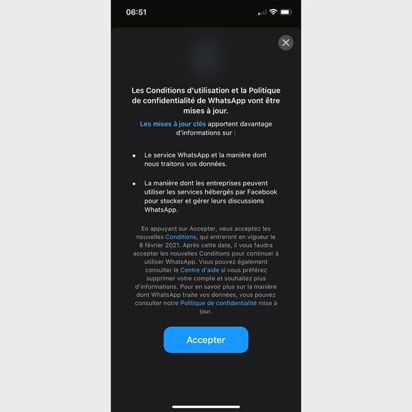 La notification envoyée par WhatsApp aux utilisateurs français La notification envoyée par WhatsApp aux utilisateurs français