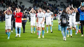 La joie des joueurs de Gérone après l'exploit à Barcelone (2-4, 15e journée de Liga), le 10 décembre 2023
