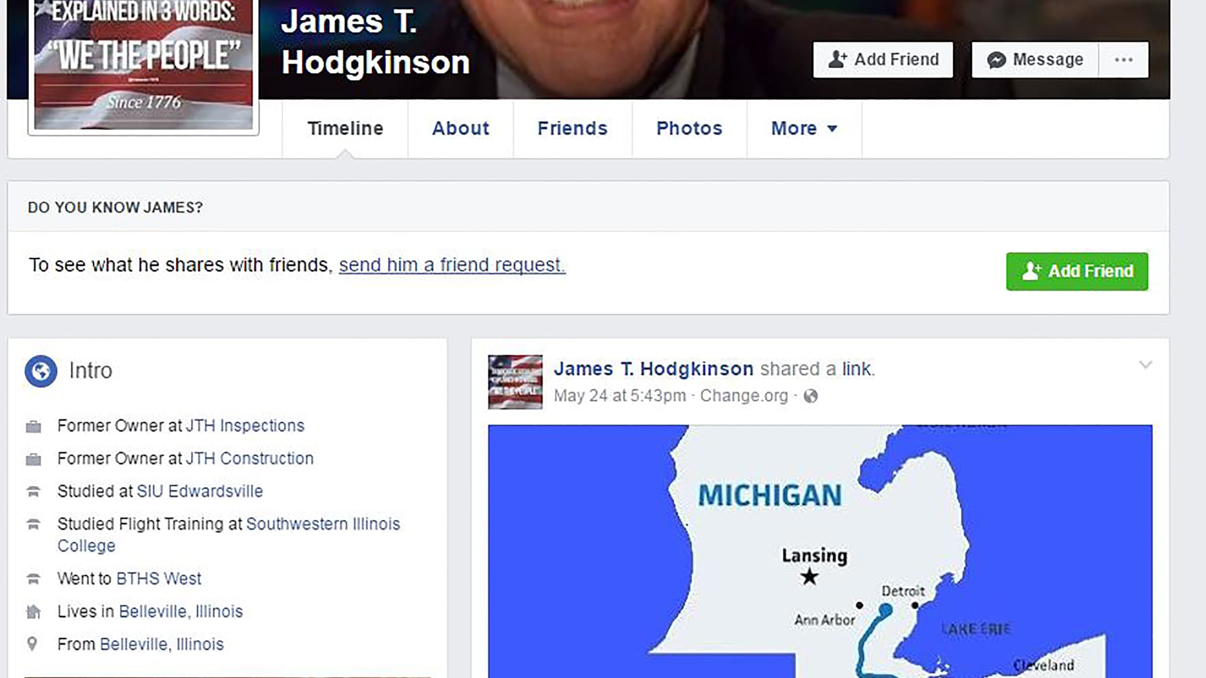 La page Facebook de James Hodgkinson. La page Facebook de James Hodgkinson.