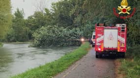 Les Vigili del Fuoco, le corps italien des pompiers, montre les services d'urgence travaillant dans la région de l'Alto Milanesa à la suite d'une vague d'intempéries le 6 juillet 2025.