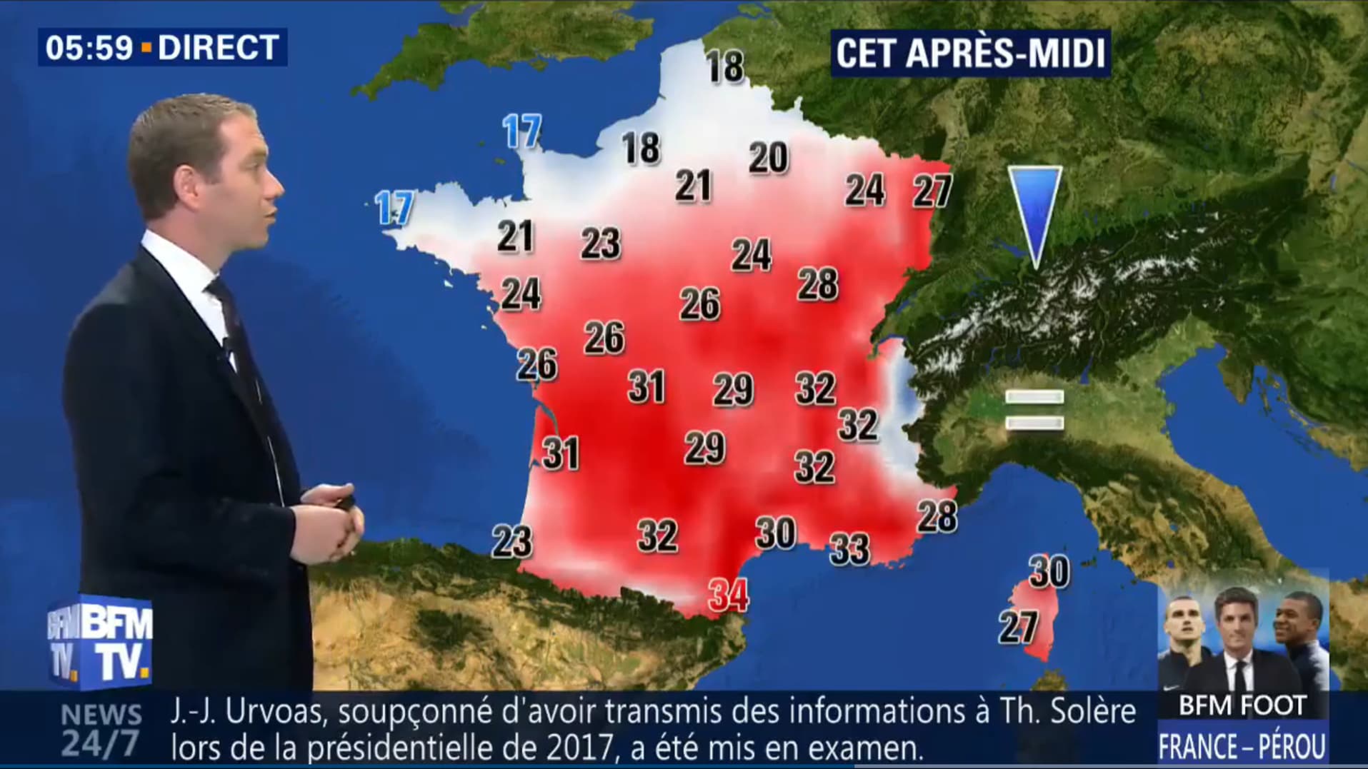 Températures pour le jeudi 21 juin 2018 après-midi Températures pour le jeudi 21 juin 2018 après-midi