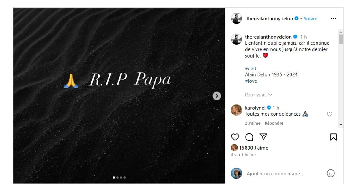 Capture d'écran du post Instagram publié par Anthony Delon, le 20 août 2024 pour rendre hommage à son père Alain Delon, mort le 18 août 2024 à l'âge de 88 ans. Capture d'écran du post Instagram publié par Anthony Delon, le 20 août 2024 pour rendre hommage à son père Alain Delon, mort le 18 août 2024 à l'âge de 88 ans.