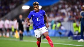 Désiré Doué avec l'équipe de France de football lors du tournoi des Jeux olympiques de Paris 2024, 11 août 2024
