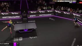 Le smash de Félix Lebrun (à gauche) face à Alexis au WTT Champions Montpellier le 26 octobre 2024