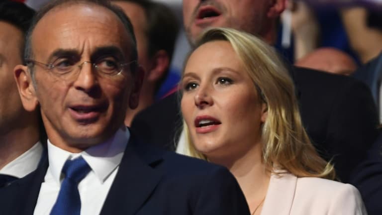 Le candidat Reconquête! à la présidentielle française Eric Zemmour (g) et la politicienne d'extrême droite Marion Maréchal à Toulon, le 6 mars 2022