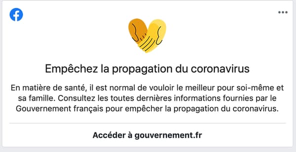 Le fil d'actualité de Facebook renvoie aux recommandations gouvernementales. Le fil d'actualité de Facebook renvoie aux recommandations gouvernementales.