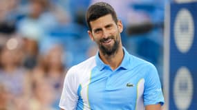 Novak Djokovic lors de sa victoire en 16es de finale du Masters 1000 de Cincinnati face à l'Espagnol Alejandro Davidovich Fokina (6-4, abandon), le 16 août 2023