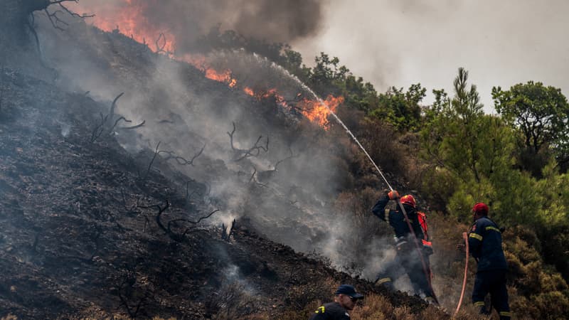 Des pompiers luttent contre les flammes à Rhodes, en Grèce, ce 26 juillet 2023 (photo d'illustration)