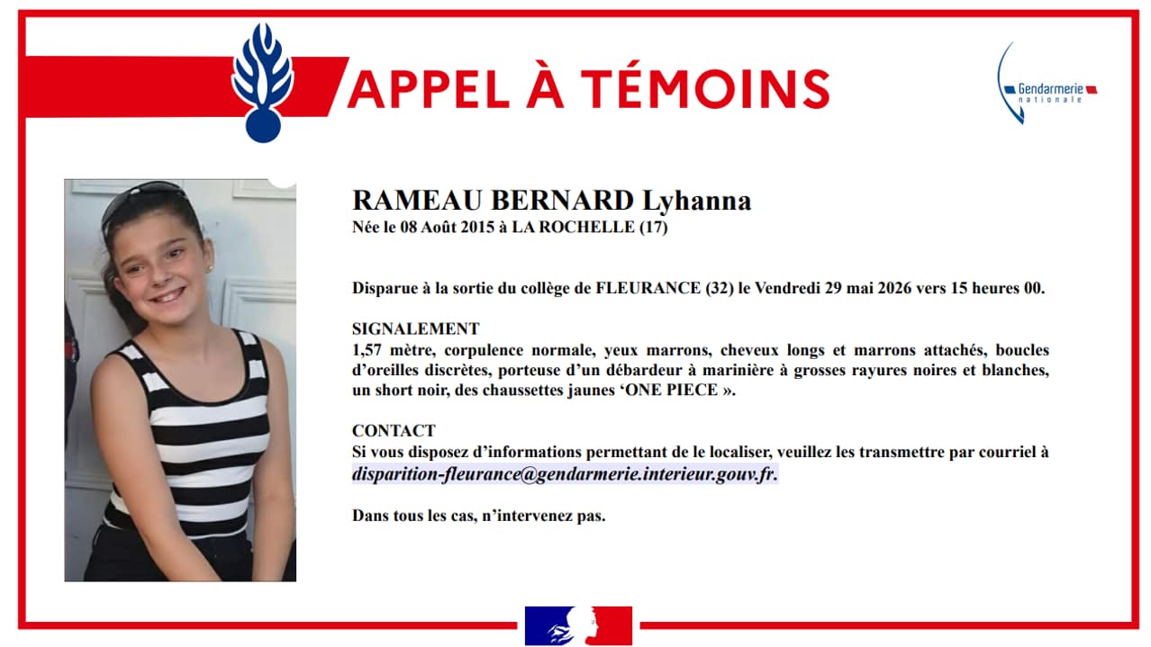 Un appel à témoins de la gendarmerie du Gers concernant la disparition de Lyhanna, 10 ans, disparue le 29 mai 2026