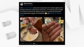 Des images du steak haché et du morceau de verre retrouvé à l'intérieur, publiées le 21 novembre 2024 sur le réseau social X.