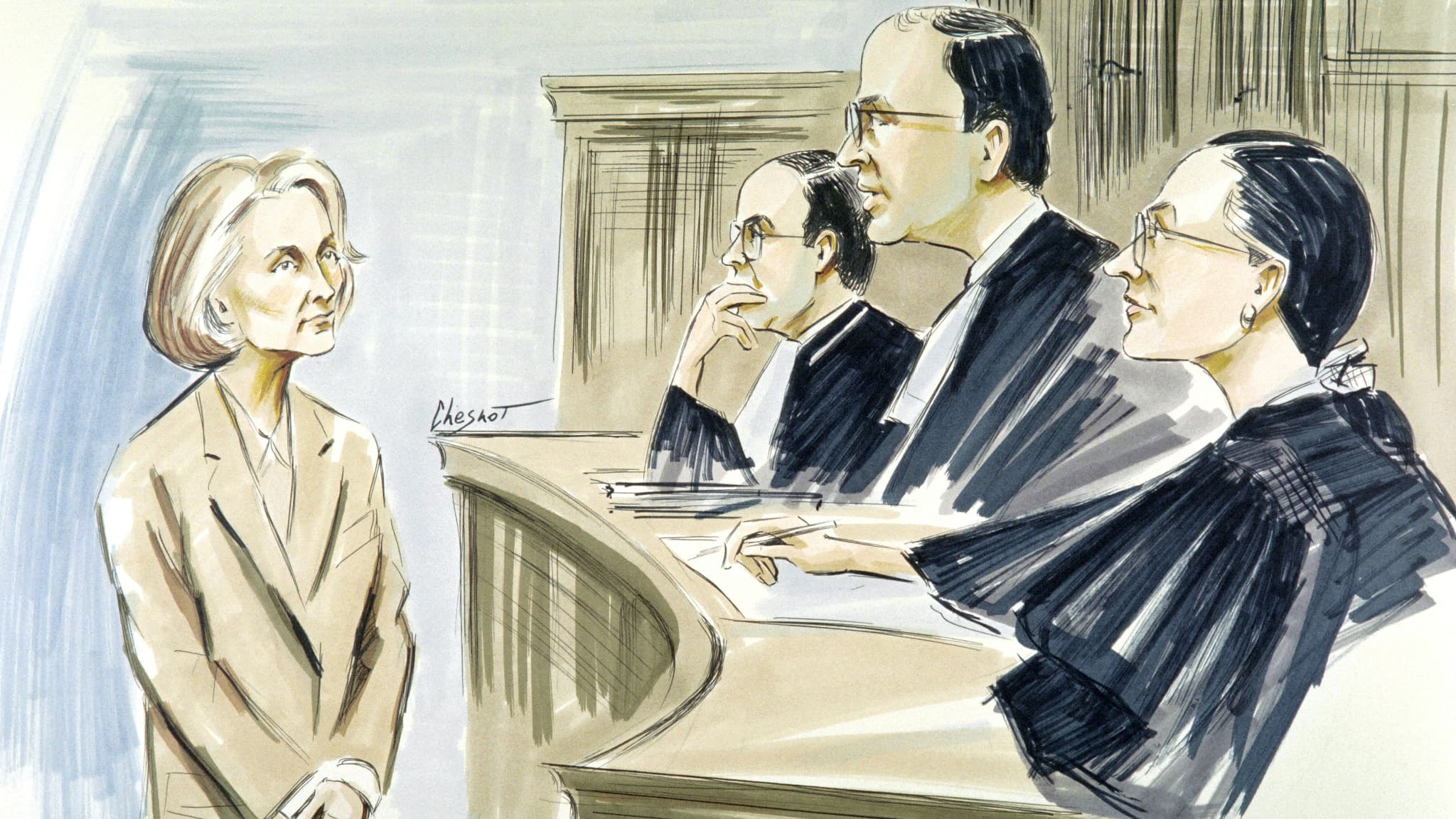 Croquis de l'audience de Fernande Grudet, "Madame Claude", pour proxénétisme aggravé, à Paris, en septembre 1992. Croquis de l'audience de Fernande Grudet, "Madame Claude", pour proxénétisme aggravé, à Paris, en septembre 1992.