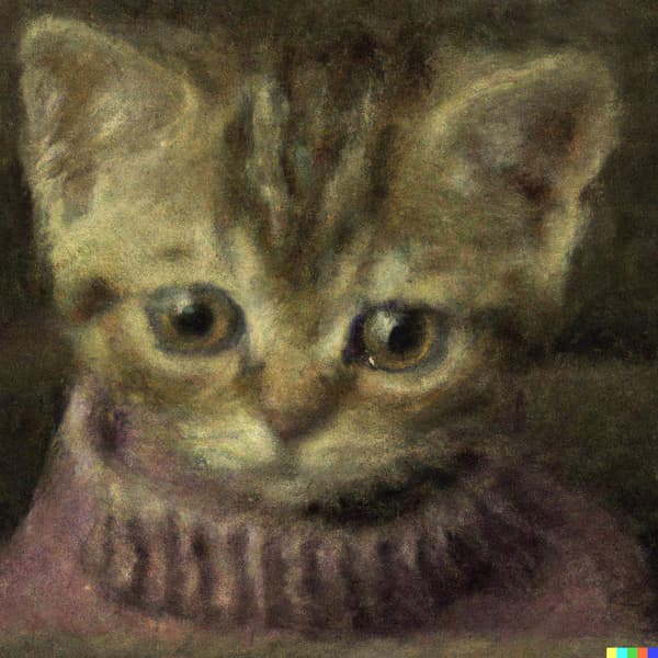 Image générée par Dall-E avec la requête "un chat avec un col roulé peint comme une peinture à l'huile"