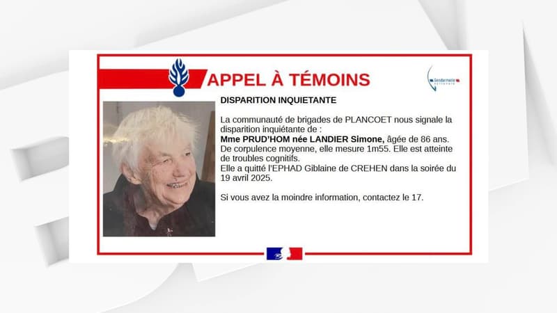 Simone Landier, 86 ans, est portée disparue depuis le 19 avril, jour où elle a quitté son Ehpad dans les Côtes-d'Armor