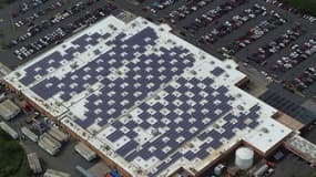 Des panneaux solaires sur le toit d'un magasin Wal-Mart à Puerto Rico.