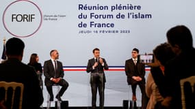 Emmanuel Macron le 16 février 2023 au Forum de l'islam de France, à Paris