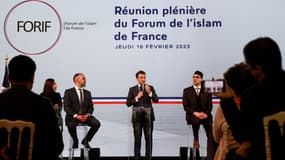 Emmanuel Macron le 16 février 2023 au Forum de l'islam de France, à Paris.