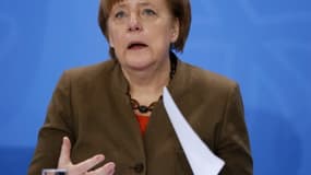 La chancelière allemande Angela Merkel lors d'une conférence de presse à Berlin le 14 avril 2016