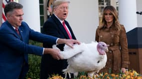Donald Trump présentant "Butter", la dinde nationale de Thanksgiving, devant la Maison blanche, le 26 novembre 2019.