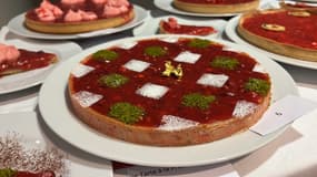 Tartes, brioches et autres sucreries à base de praline rose pour le mondial de la praline le 15 janvier 2024, à Limonest.