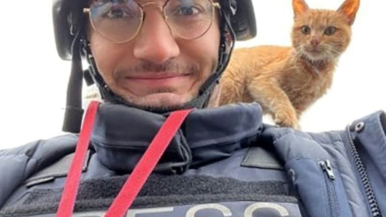 Un selfie du journaliste de l'AFP Arman Soldin lors d'une mission pour l'AFP en Ukraine, avec un chat sur l'épaule, date inconnue