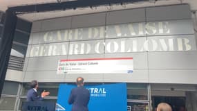 La bouche du métro D de Lyon (Rhône) à la station "Gare de Vaise-Gérard Collomb", inaugurée le jeudi 20 juin 2024 après avoir été rebaptisée en l'honneur de l'ancien maire de Lyon.