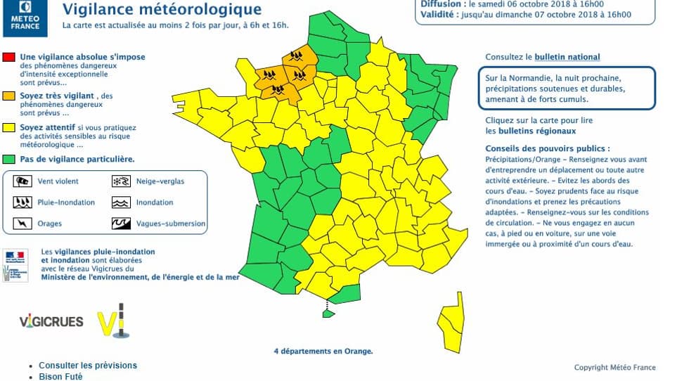 La carte des départements placés en alerte