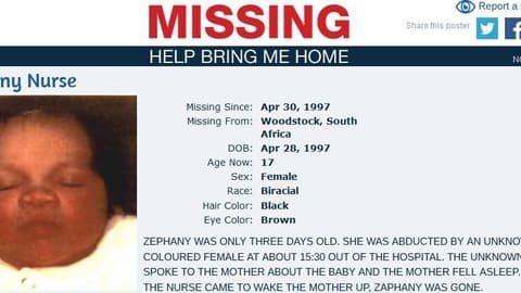 Zephany a été kidnappée en avril 1997 à la maternité du Cap en Afrique du Sud alors que sa mère était endormie, la fillette n'avait que trois jours.