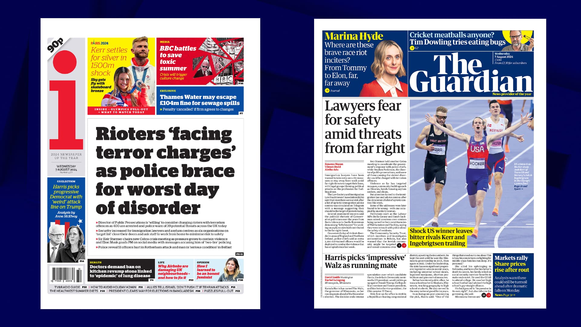 Les unes du "I" et du "Guardian" datées du mercredi 7 août 2024