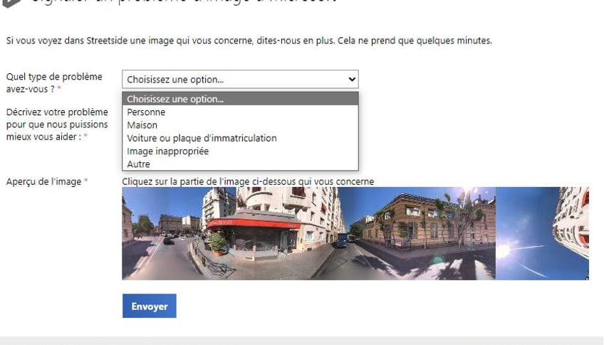 Peut signaler une image problématique sur le service de vue en 3D de Bing, Streetside.