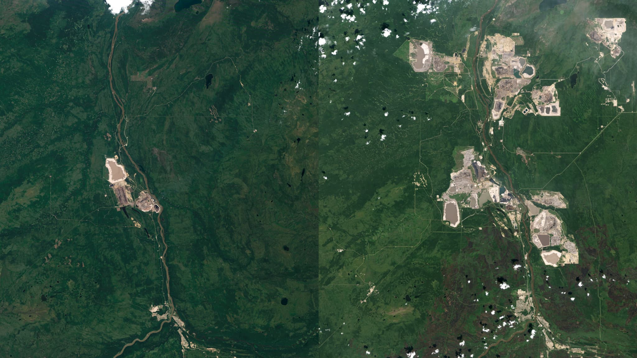 Les mines des sables bitumineux de l'Athabasca, au Canada, en 1984 et en 2016, capturé par Landsat