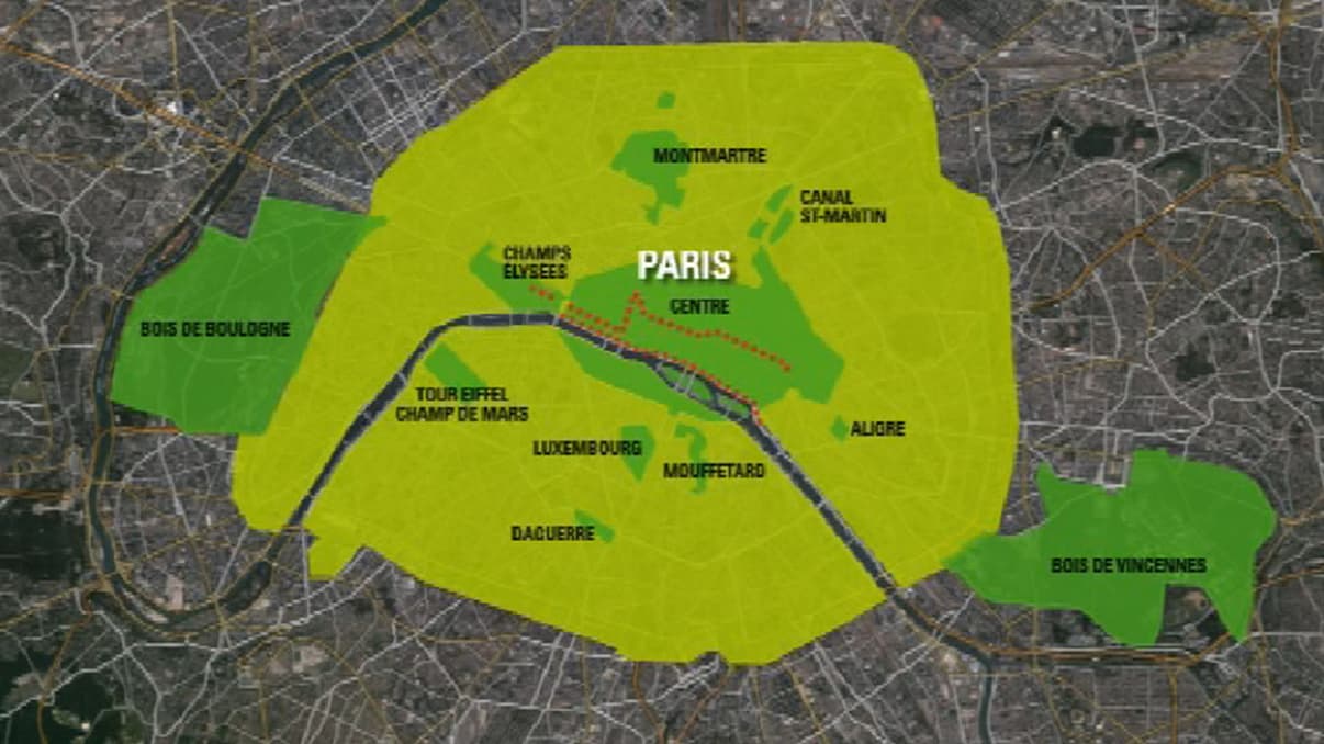 En vert foncé, les zones sans voitures dimanche. Le parcours délimité par les pointillés sera entièrement piéton.