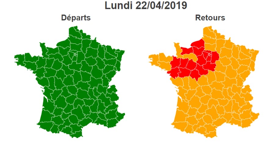 Prévisions de circulation dans l'hexagone pour le lundi 22 avril 2019.