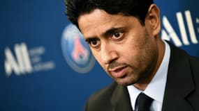 Le président qatari du Paris Saint-Germain, Nasser Al-Khelaïfi, répond aux questions d'un journaliste, le 22 février 2019 au Parc des Princes
