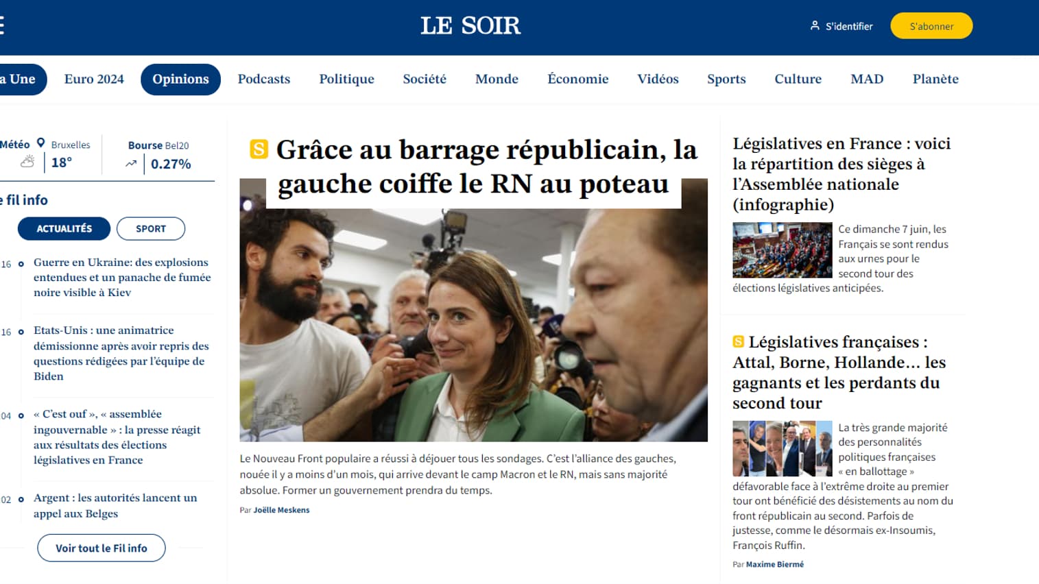 La Une du site d'actualité belge Le Soir le 8 juillet 2024.