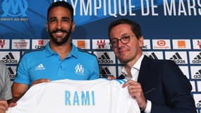 Adil Rami et Jacques-Henri Eyraud lors de la présentation du défenseur à la presse - 19/07/2017